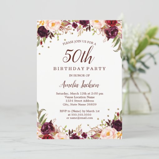 Elegant Gold Burgundy Floral 50th Birthday Party Invitation | Zazzle