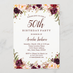Elegant Gold Burgundy Floral 50th Birthday Party Invitation
