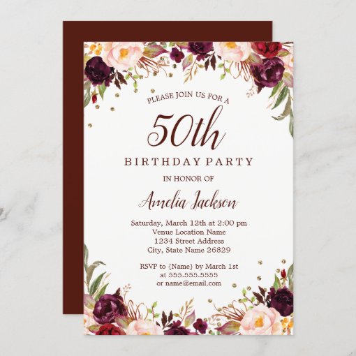 Elegant Gold Burgundy Floral 50th Birthday Party Invitation | Zazzle