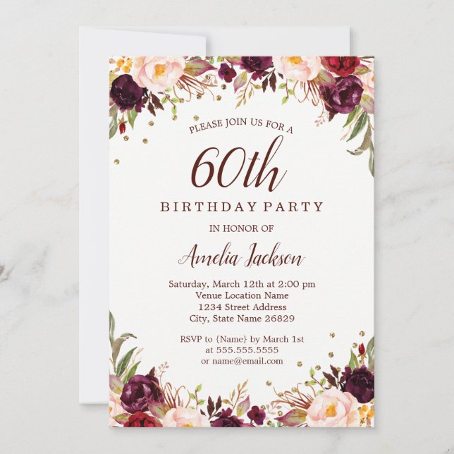Elegant Gold Burgundy Floral 60th Birthday Party Invitation (Front)