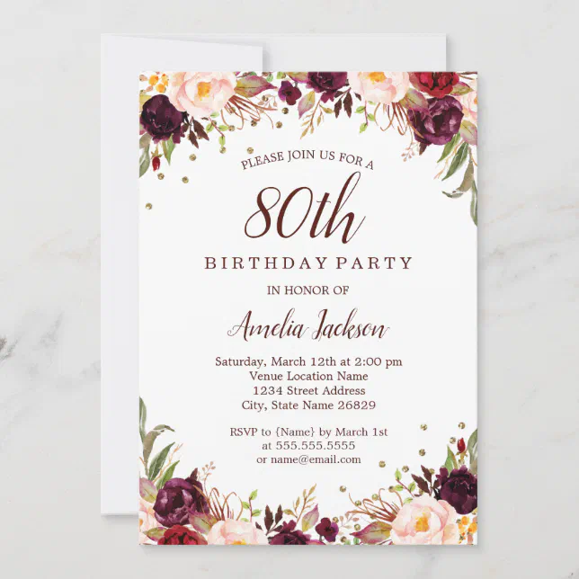 Elegant Gold Burgundy Floral 80th Birthday Party Invitation | Zazzle