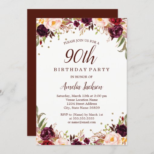 Elegant Gold Burgundy Floral 90th Birthday Party Invitation | Zazzle