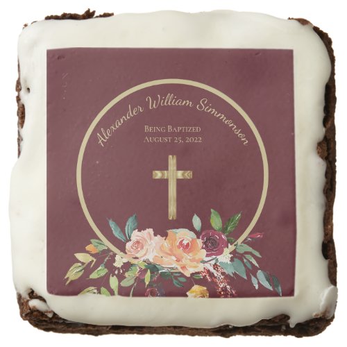 Elegant Gold Burgundy Floral Baby Christening Brownie