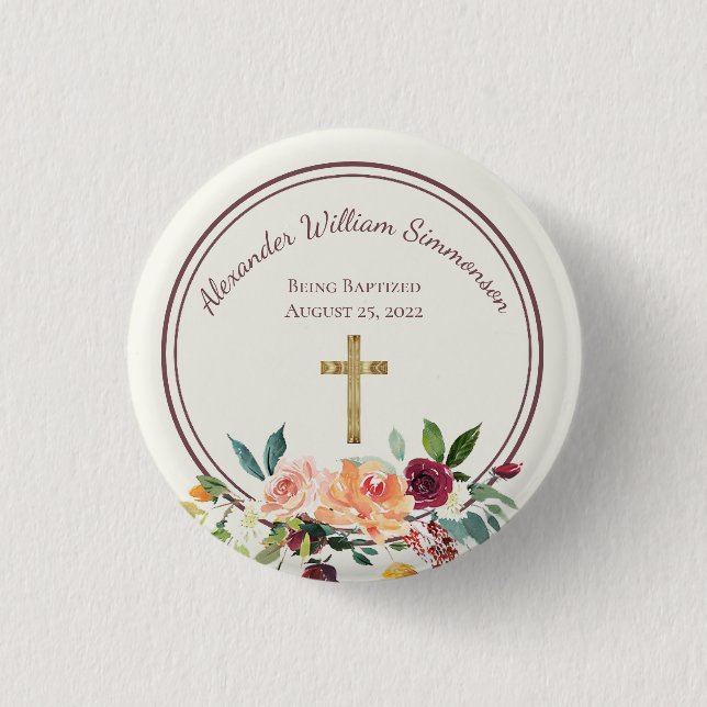 Elegant Gold Burgundy Floral Baby Christening Button (Front)