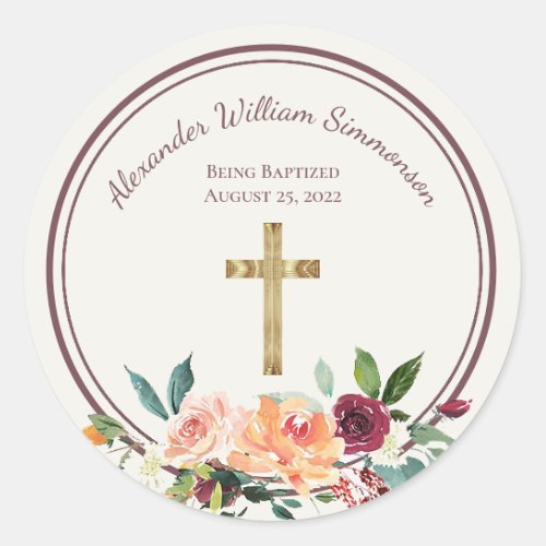 Elegant Gold Burgundy Floral Baby Christening Classic Round Sticker