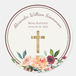Elegant Gold Burgundy Floral Baby Christening Classic Round Sticker