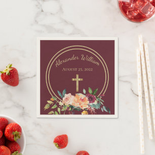 Elegant Gold Burgundy Floral Baby Christening Napkins