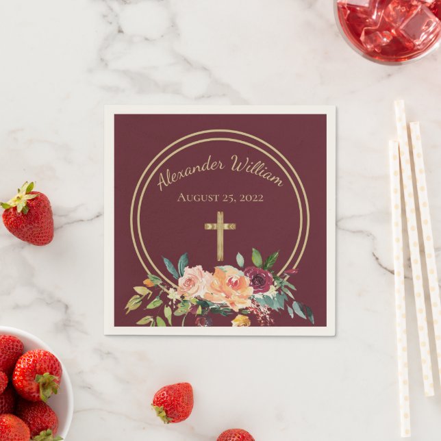 Elegant Gold Burgundy Floral Baby Christening Napkins (Insitu)