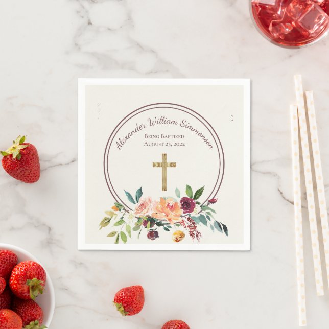Elegant Gold Burgundy Floral Baby Christening Napkins (Insitu)