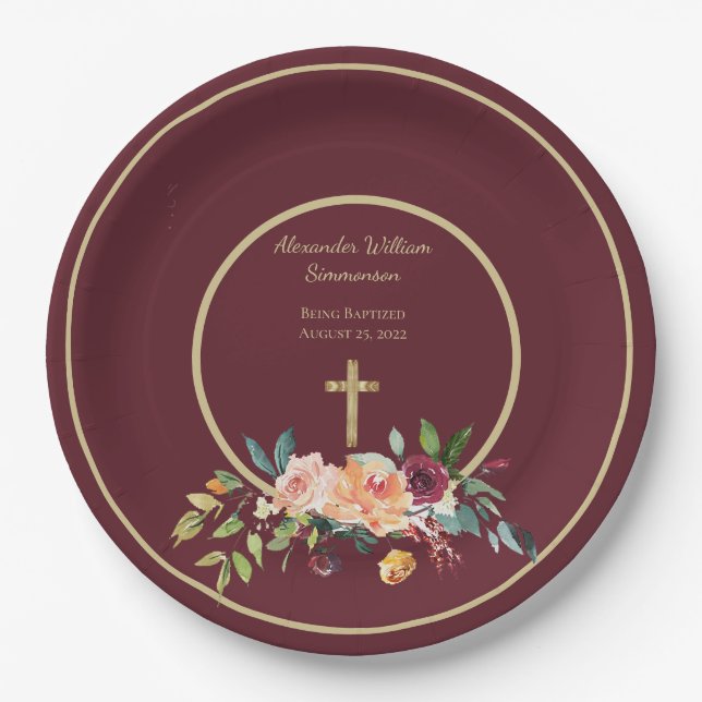 Elegant Gold Burgundy Floral Baby Christening Paper Plates (Front)