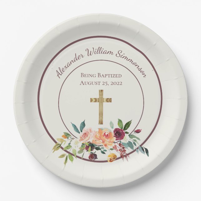 Elegant Gold Burgundy Floral Baby Christening Paper Plates (Front)