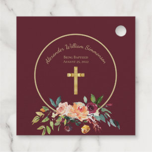 Elegant Gold Burgundy Floral Baby Christening Real Foil Favor Tags