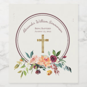 Elegant Gold Burgundy Floral Baby Christening Wine Label