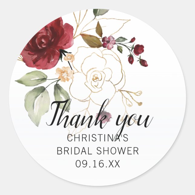 Elegant Gold Burgundy Floral Bridal Shower Classic Round Sticker (Front)