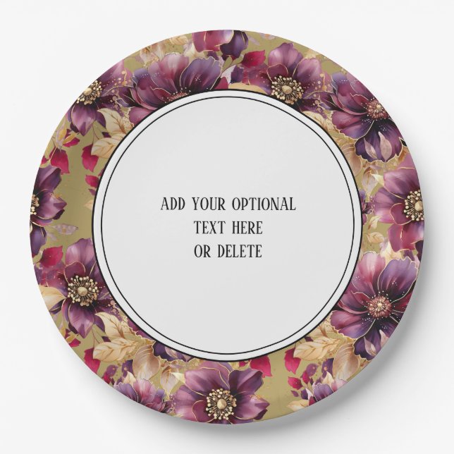Elegant Gold Burgundy Floral pattern border Paper Plates (Front)