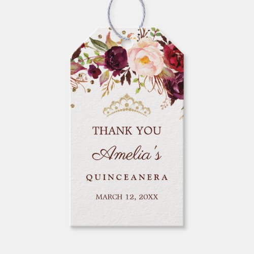 Elegant Gold Burgundy Floral Quinceanera Gift Tags