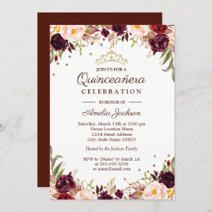 Elegant Gold Burgundy Floral Quinceanera Invitation
