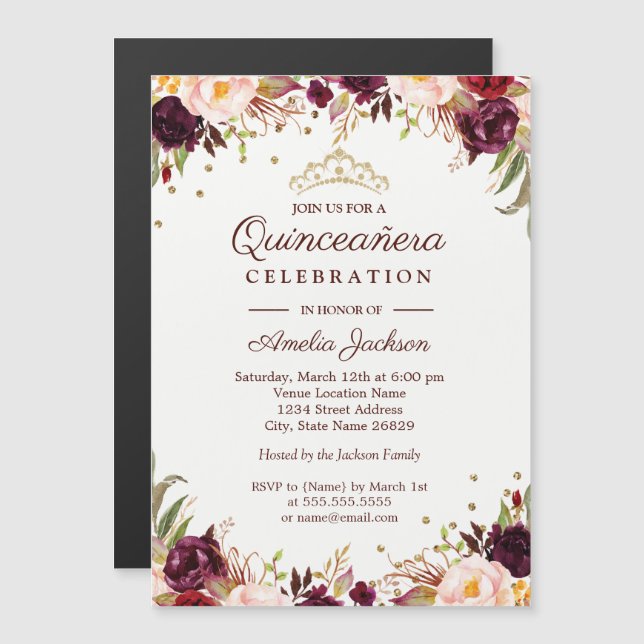 Elegant Gold Burgundy Floral Quinceanera Magnetic Invitation (Front/Back)