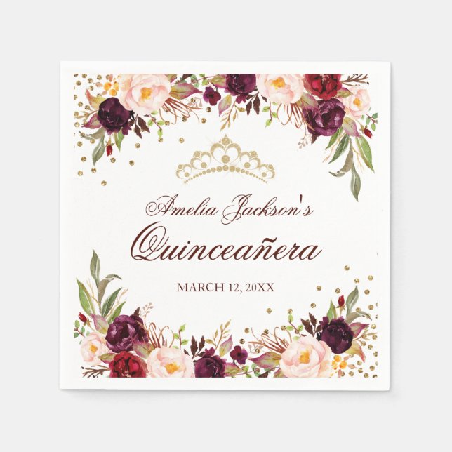 Elegant Gold Burgundy Floral Quinceanera Napkin (Front)
