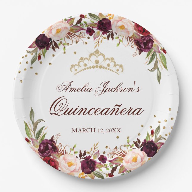 Elegant Gold Burgundy Floral Quinceanera Paper Plates (Front)