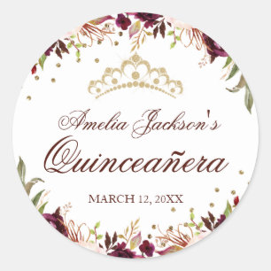 Elegant Gold Burgundy Floral Quinceanera Sticker