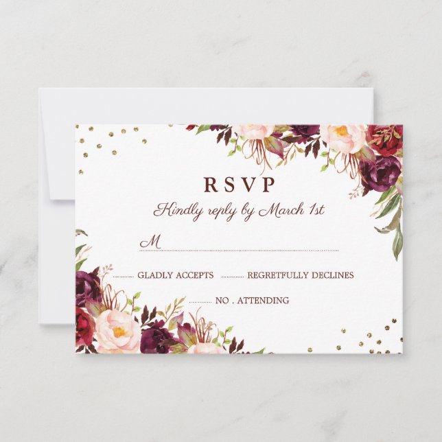 Elegant Gold Burgundy Floral RSVP (Front)