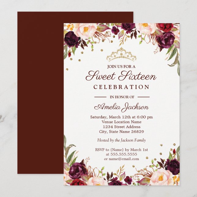 Elegant Gold Burgundy Floral Sweet Sixteen Invitation (Front/Back)
