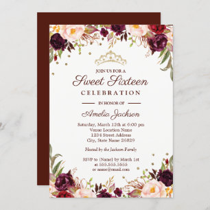 Elegant Gold Burgundy Floral Sweet Sixteen Invitation