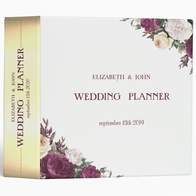 Elegant Gold, Burgundy Floral Wedding 3 Ring Binder (Front/Spine)