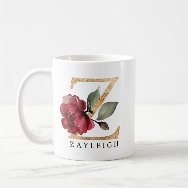 Elegant Gold Burgundy Flower Letter Z Coffee Mug (Left)
