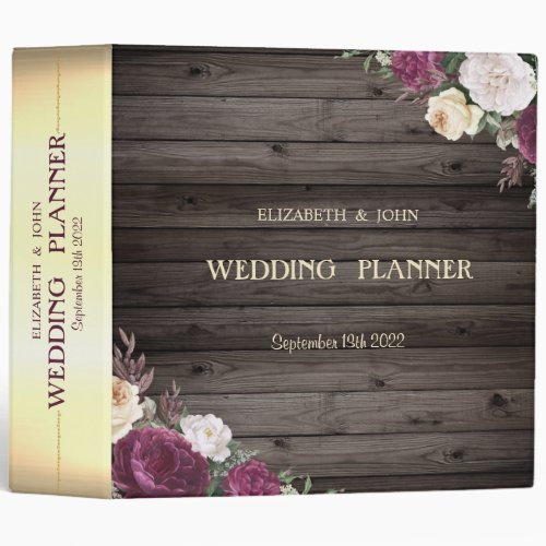 Elegant Gold Burgundy Flowers Wood Wedding 3 Ring Binder