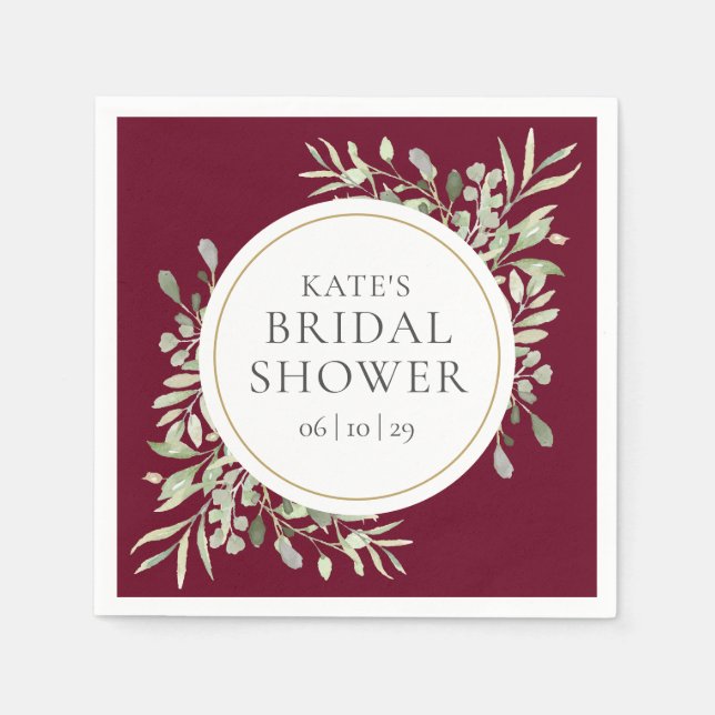 Elegant Gold Burgundy Greenery Bridal Shower Napkins (Front)