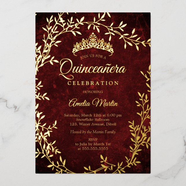 Elegant Gold Burgundy Leaf Wreath Quinceanera Foil Invitation (Front)