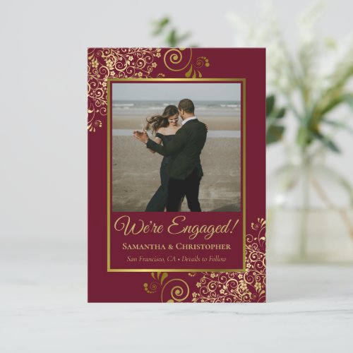 Elegant Gold  Burgundy or Maroon Photo Engagement Announcement