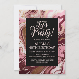 Elegant Gold Burgundy Pink Marble Fluid Birthday Invitation