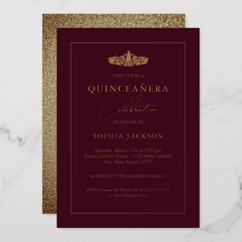 Elegant Gold Burgundy Quinceanera 15th Birthday Foil Invitation