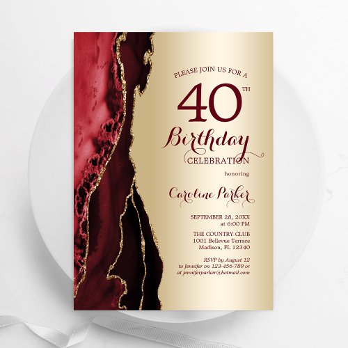 Elegant Gold Burgundy Red Agate 40th Birthday Invitation