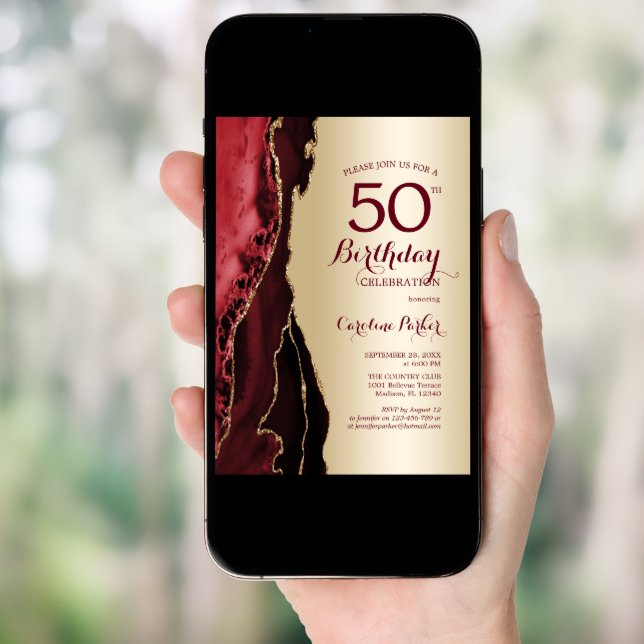 Elegant Gold Burgundy Red Agate 50th Birthday Invitation (Front Digital)