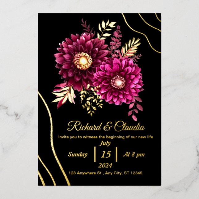 Elegant Gold Burgundy Red and Black Floral Wedding Foil Invitation (Front)