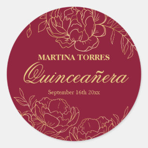 Elegant Gold Burgundy Red Floral Quinceanera Classic Round Sticker