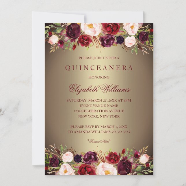 Elegant Gold Burgundy Rose Quinceanera Invite (Front)