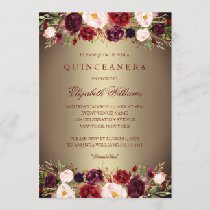 Elegant Gold Burgundy Rose Quinceanera Invite