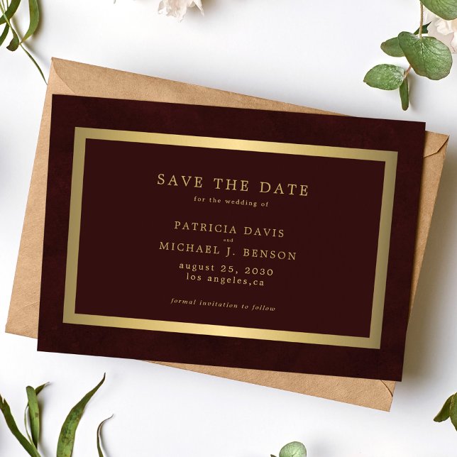 Elegant gold burgundy simple typography wedding save the date (Creator Uploaded)