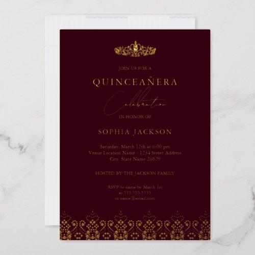 Elegant Gold Burgundy Tiara Quinceanera  Foil Invitation
