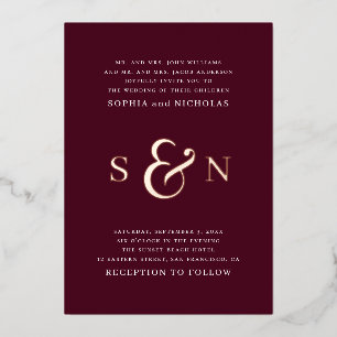Elegant gold burgundy typography details wedding foil invitation
