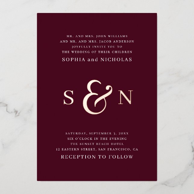 Elegant gold burgundy typography details wedding foil invitation (Front)
