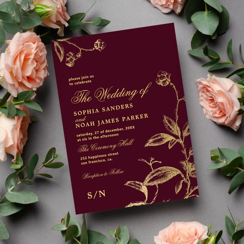 Elegant gold burgundy vintage antique wedding invitation