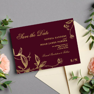 Elegant gold burgundy vintage wedding save the date