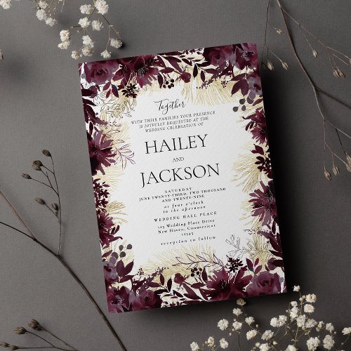 Elegant gold burgundy watercolor floral wedding invitation
