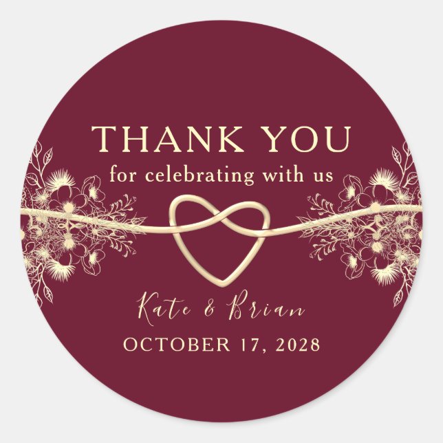 Elegant Gold Burgundy Wedding Favor Sticker  (Front)